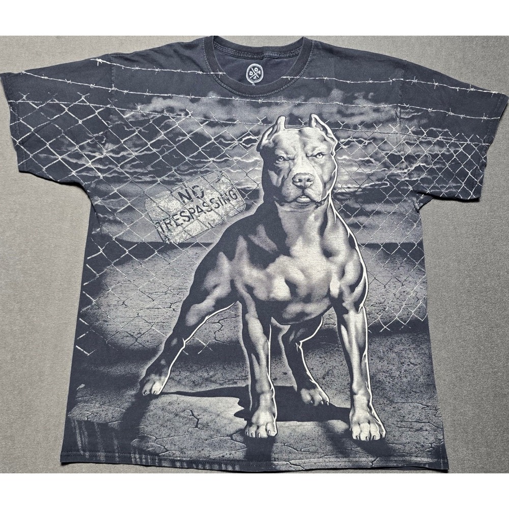 DOM Pitbull‎ Graphic T-Shirt XL No Trespassing Dog All Over Print AOP Tee